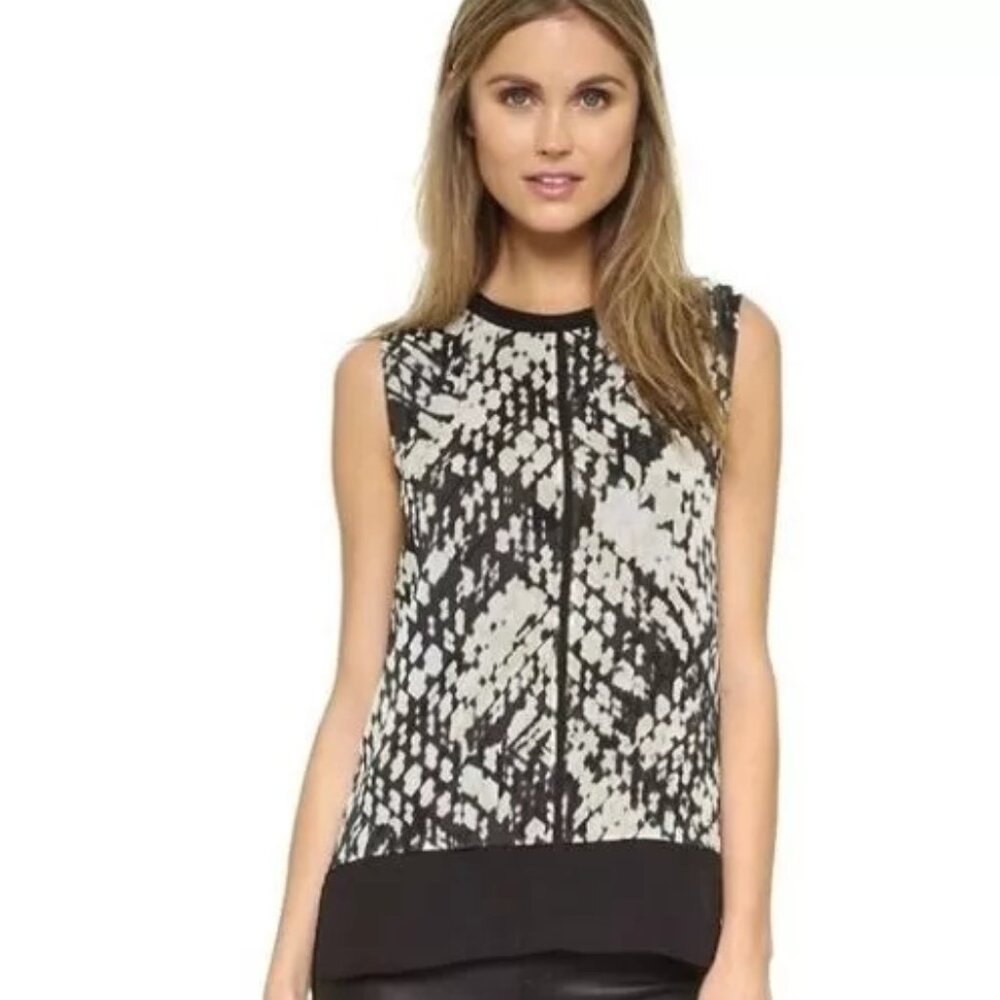 Vince Basket Weave Sleeveless Black Abstract Double Layered Blouse Top Silk